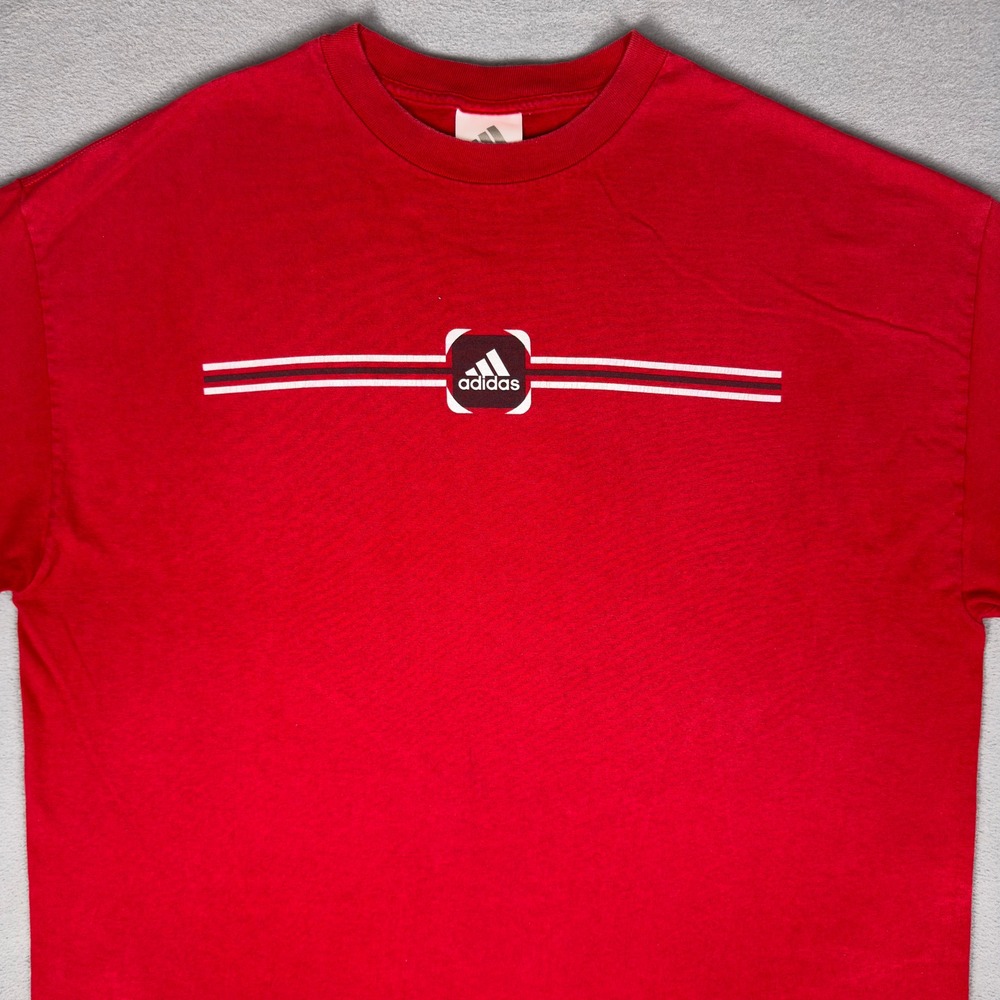 Y2K Adidas Center Logo Red T-Shirt Mens XL Short Sleeve Three Stripe Tee Cotton - Picture 3 of 7